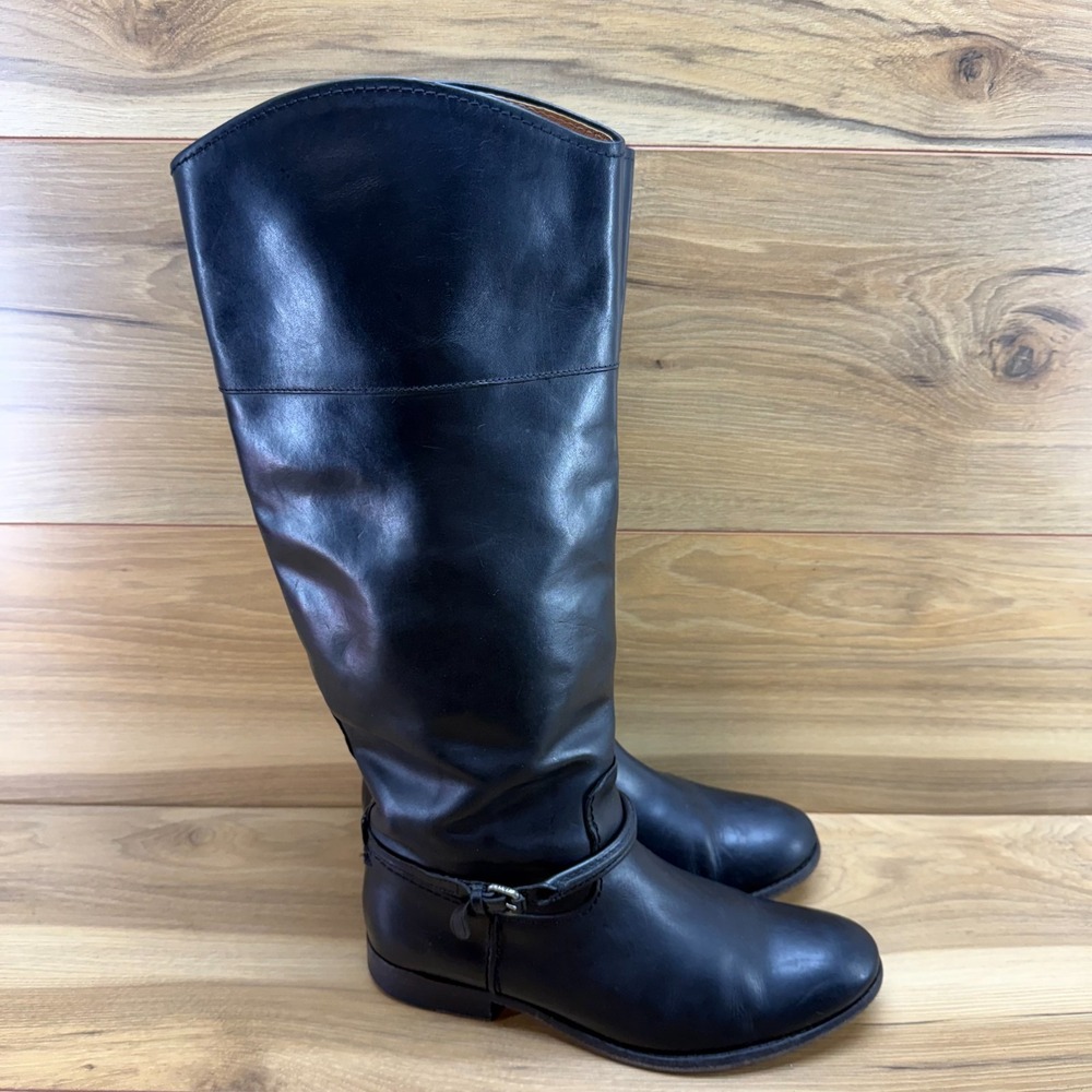 FRYE Melissa Seam Tall Riding Boots Womens 8.5 B Black Leather Mini Buckle Boho